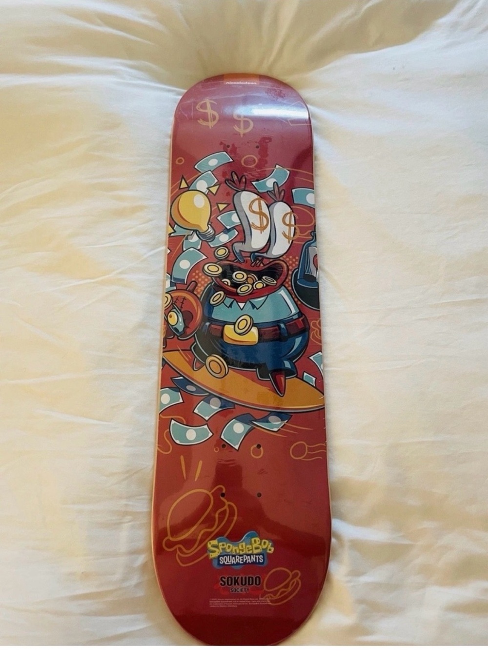 SpongeBob SquarePants Red Skateboard Deck with Blue, Yellow & Orange Artwork